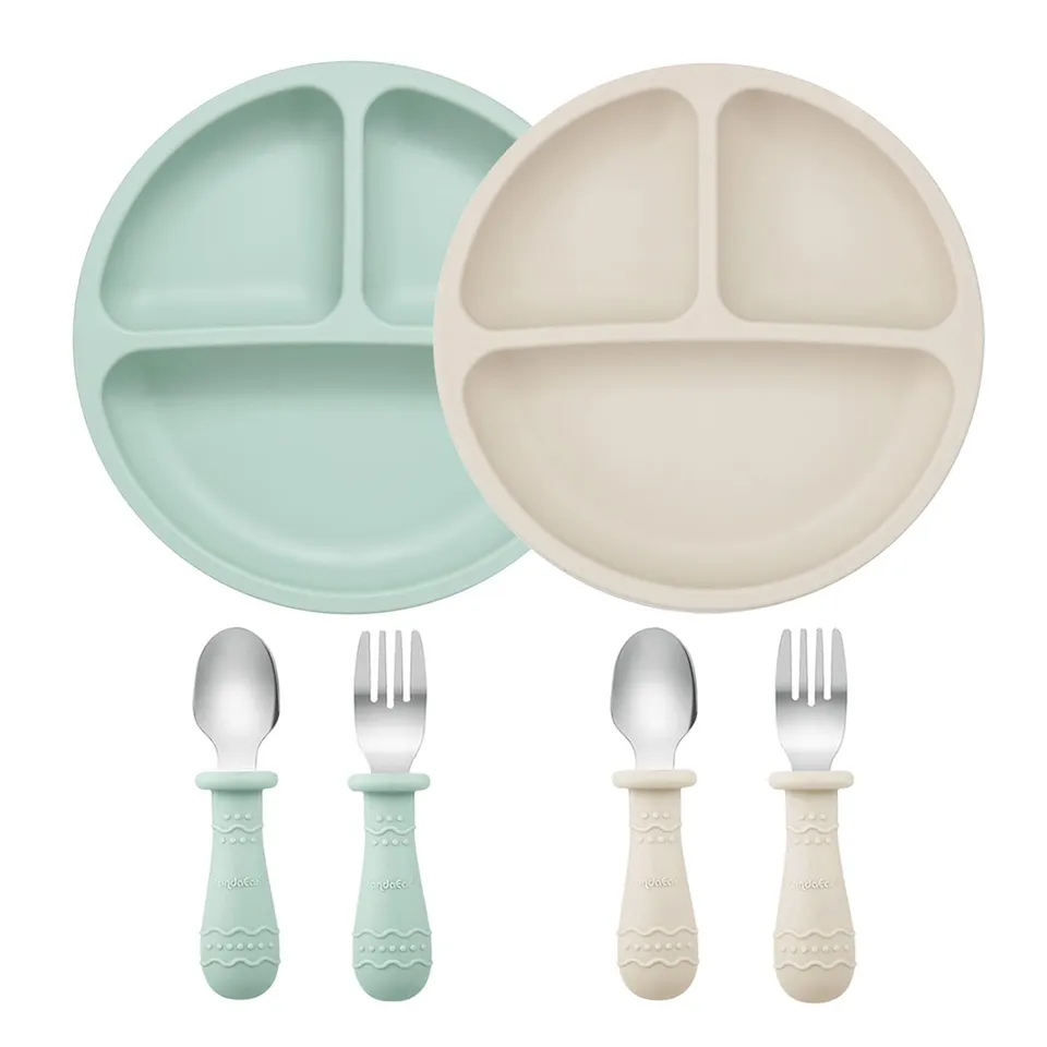 PandaEar Feeding Set Silikon Blau Weiß Teller Besteck