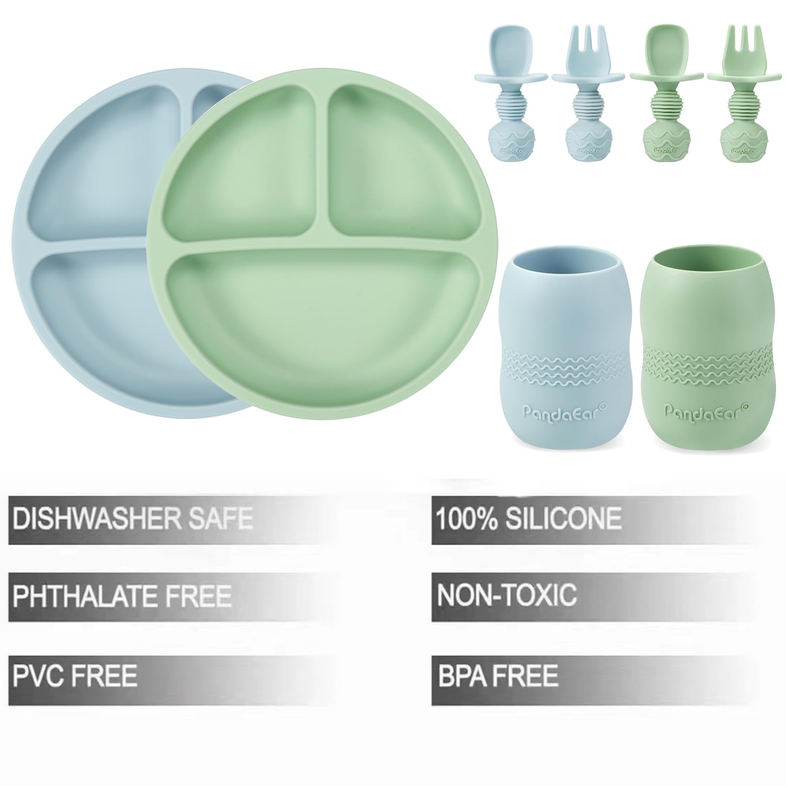 PandaEar Feeding Set Silikon Blau Grün Saugteller Becher Besteck