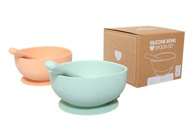 ana baby Weaning Saugnapfschüssel Silikon 2er Löffel Grün Pfirsich