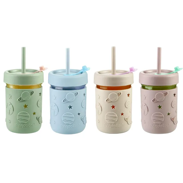 PandaEar Cup Toddle Glas Becher 4er-Pack Bunt mit Strohhalm