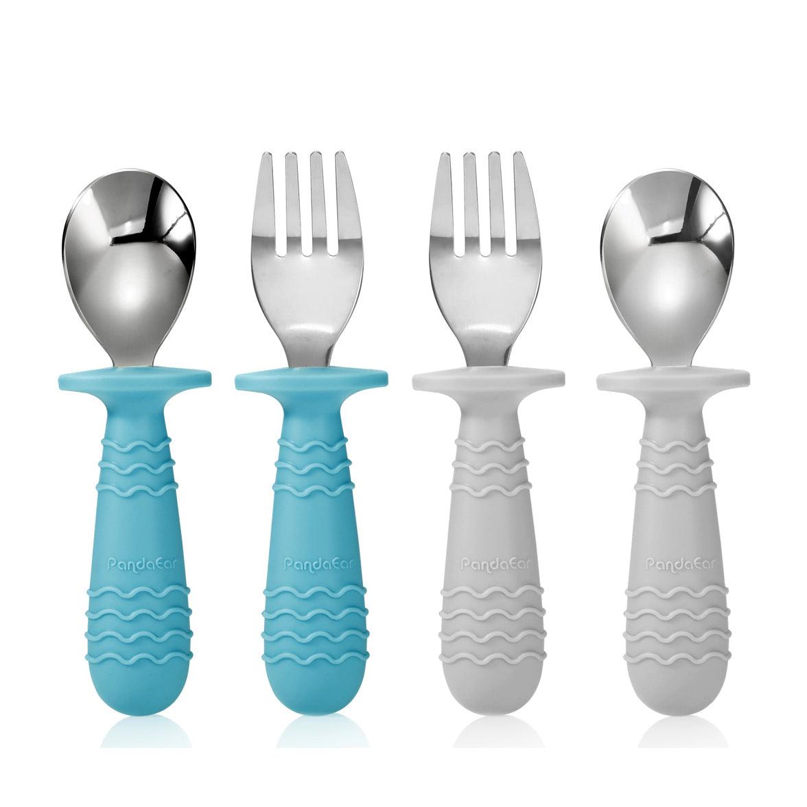 PandaEar Utensils Edelstahl Babybesteck Blau Grau 4er-Set Box