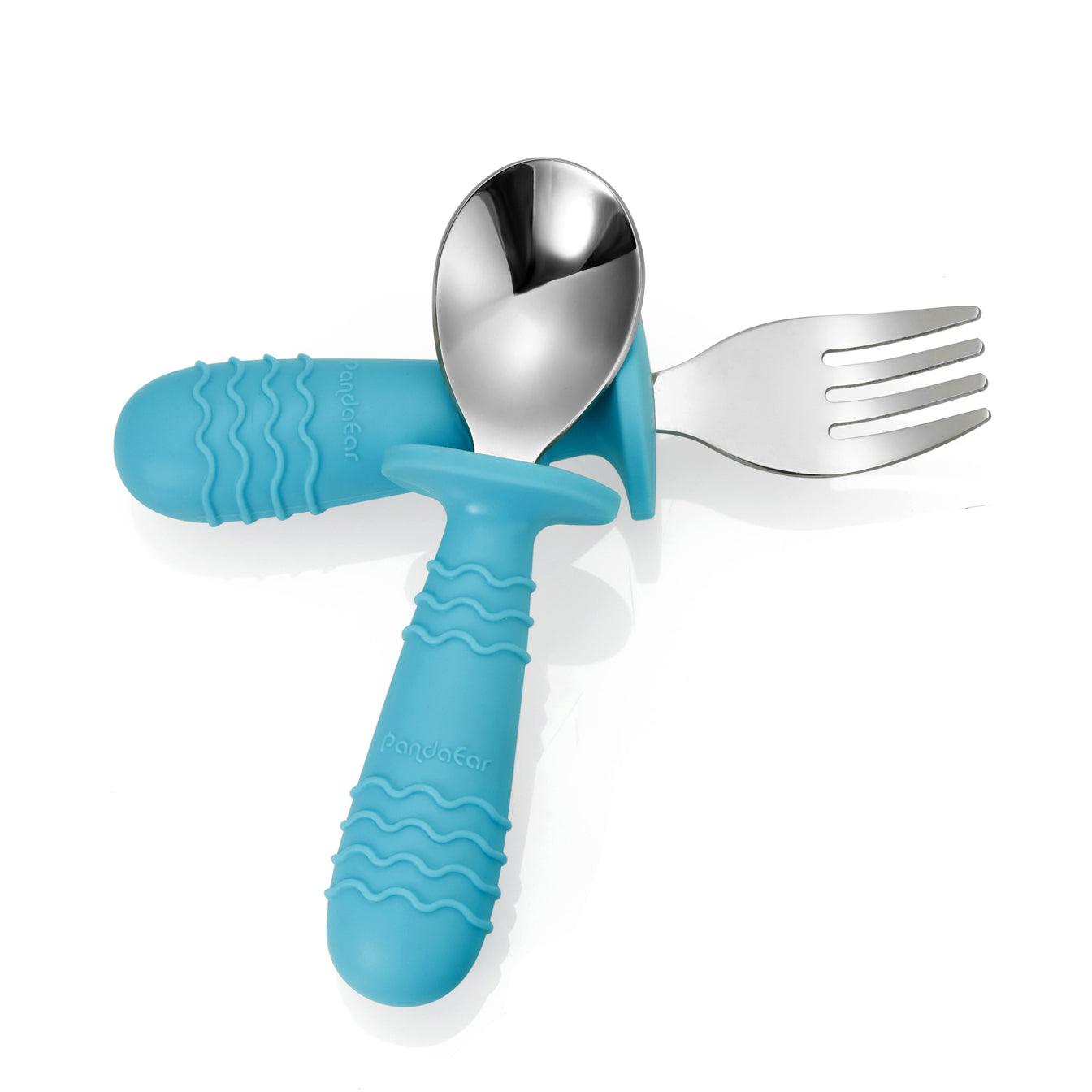 PandaEar Utensils Edelstahl Babybesteck Blau Grau 4er-Set Box