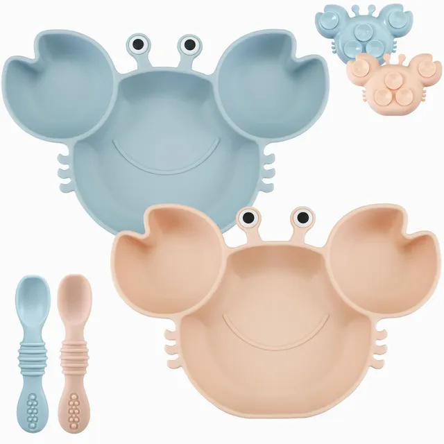 PandaEar Feeding Set Saugteller Krabbe Silikon Blau Pink Löffel