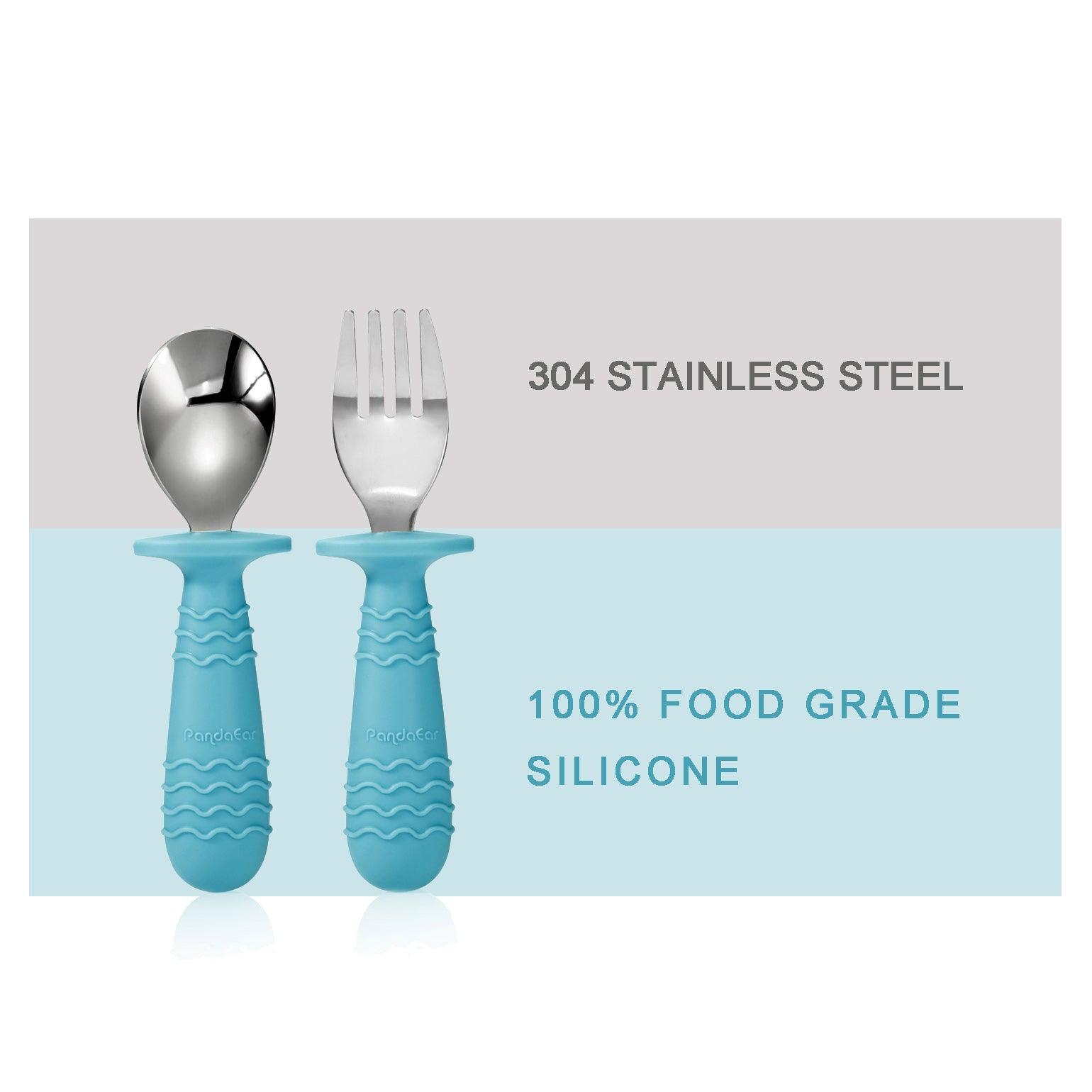 PandaEar Utensils Edelstahl Babybesteck Blau Grau 4er-Set Box