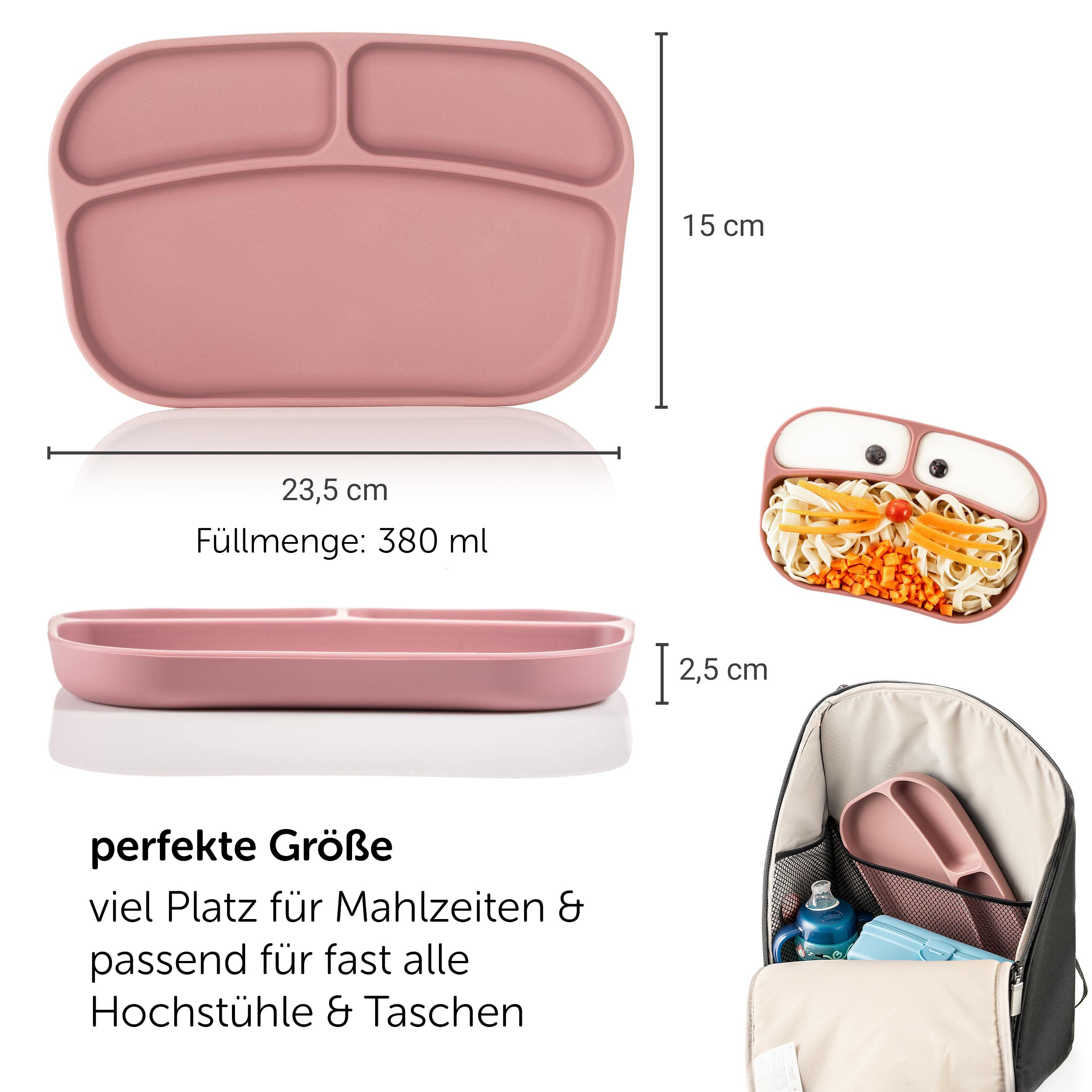 MiaMia Kindergeschirr Teller 3 Fächer Rose Silikon