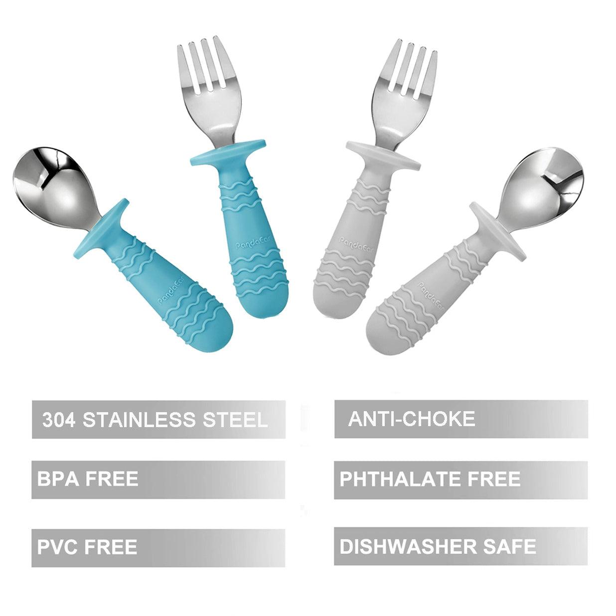 PandaEar Utensils Edelstahl Babybesteck Blau Grau 4er-Set Box