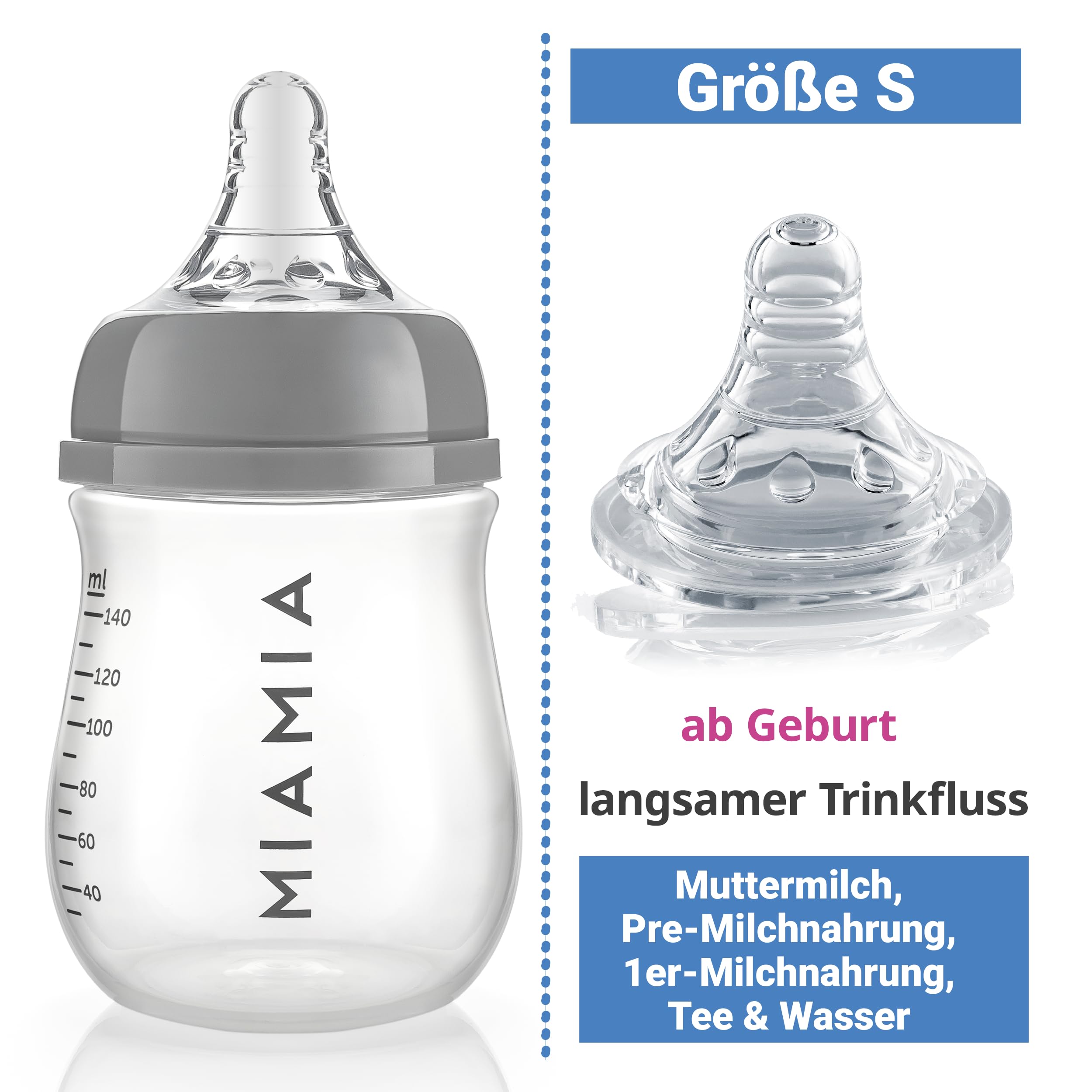 MiaMia Flaschen Sauger Babyflasche 3x140ml Grau Anti-Kolik