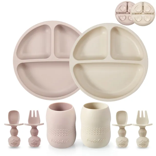 PandaEar Feeding Set Geschirr Silikon Beige/Rosa 6-tlg Saugnapf