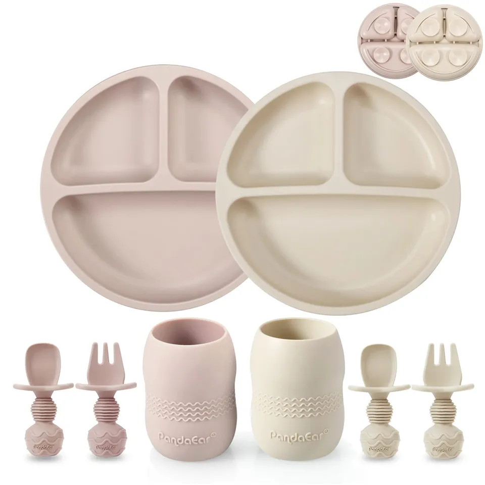 PandaEar Feeding Set Geschirr Silikon Beige/Rosa 6-tlg Saugnapf