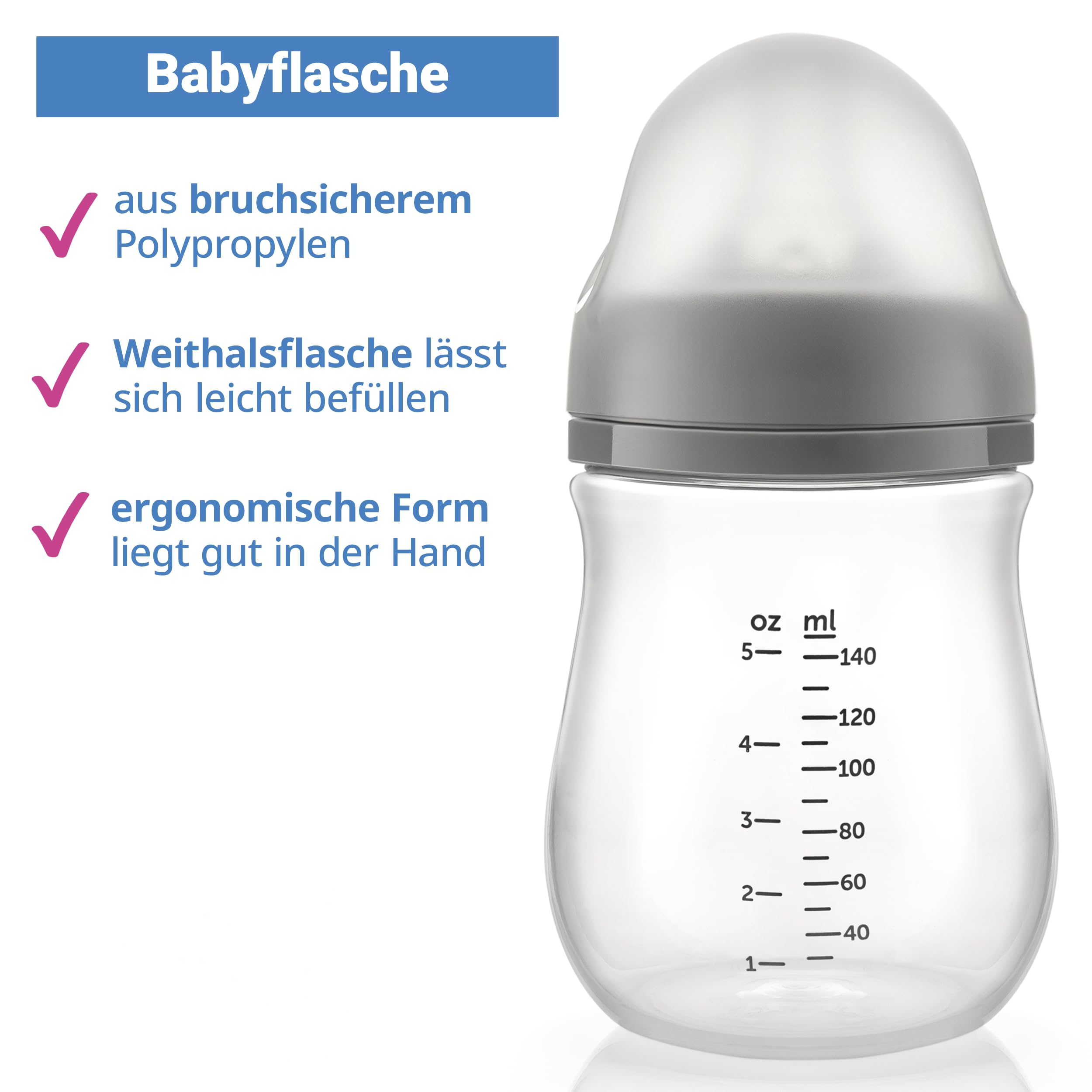 MiaMia Flaschen Sauger Babyflasche 3x140ml Grau Anti-Kolik