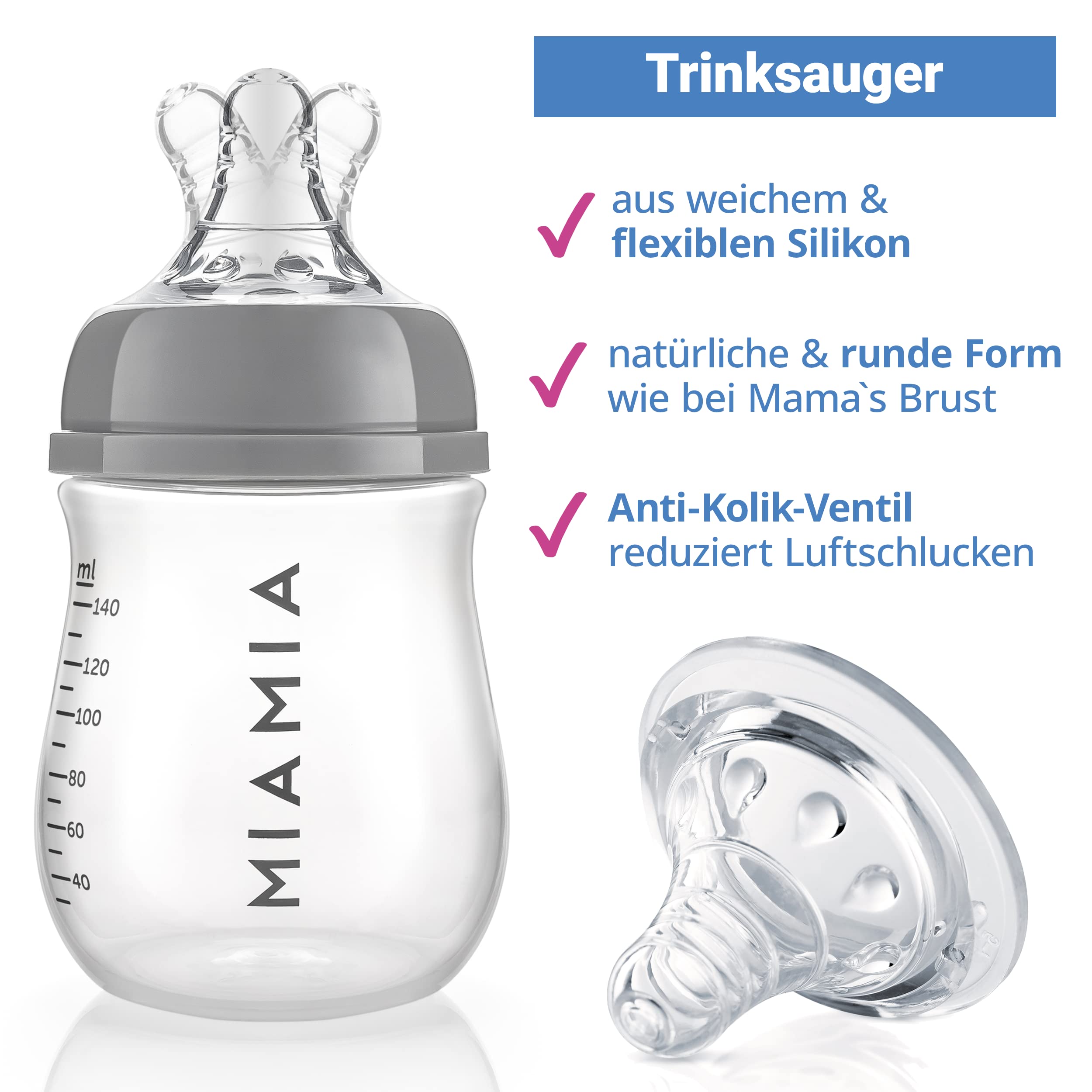 MiaMia Flaschen Sauger Babyflasche 3x140ml Grau Anti-Kolik