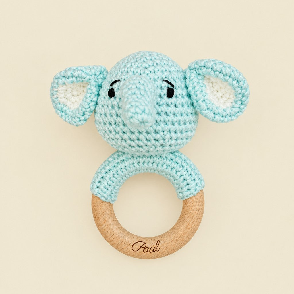 Les Petits Citrons Le Jeu Hochet Baby Elefant blau personalisiert