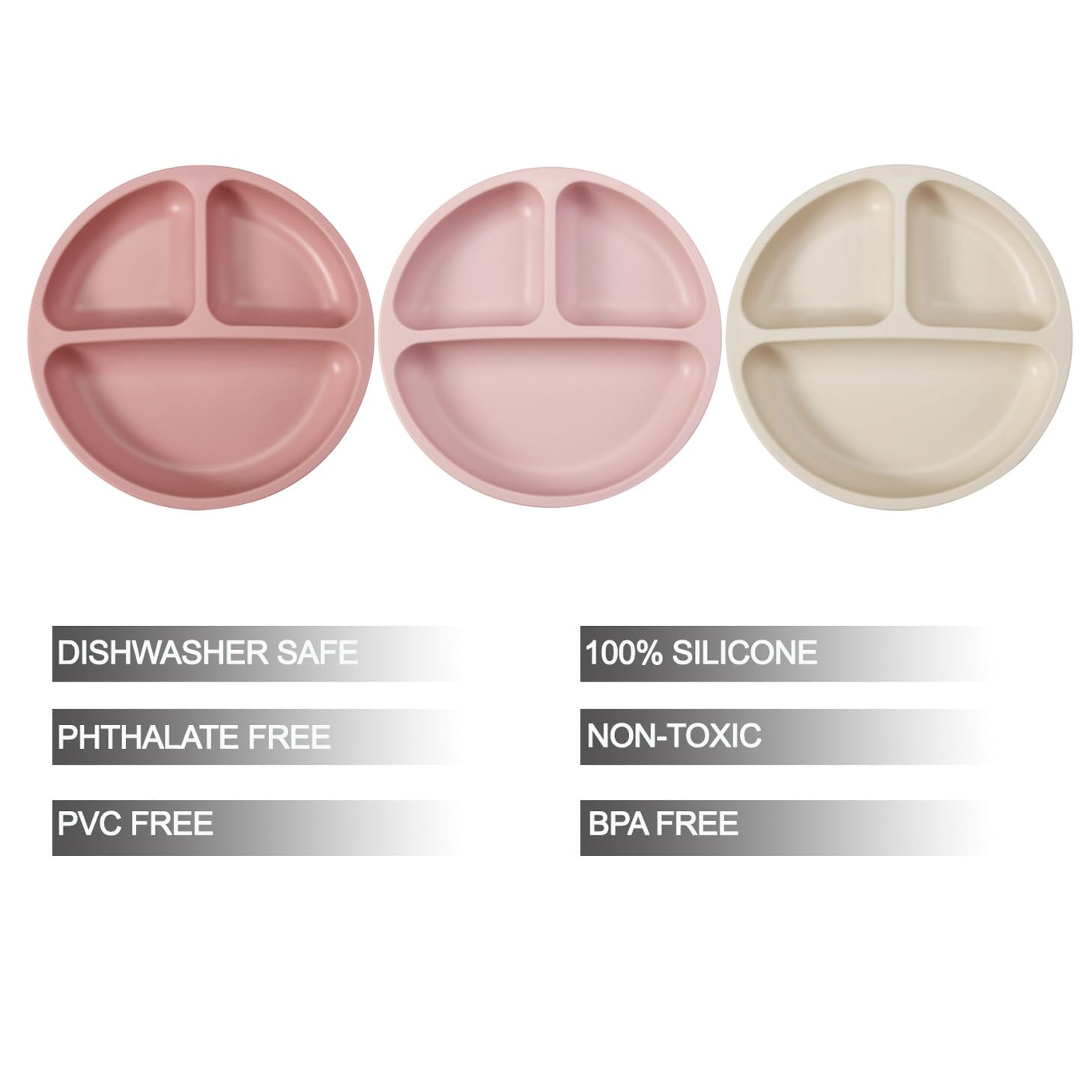 PandaEar Plates Saugteller 3er-Set Rosa Silikon abgeteilt