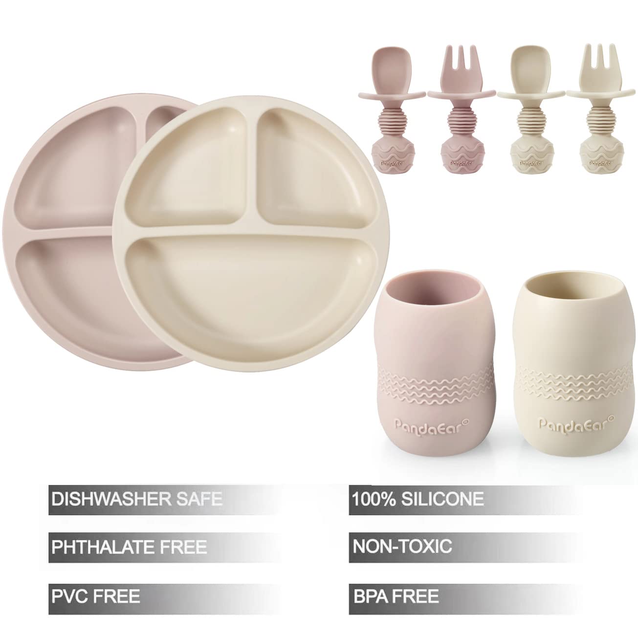 PandaEar Feeding Set Geschirr Silikon Beige/Rosa 6-tlg Saugnapf