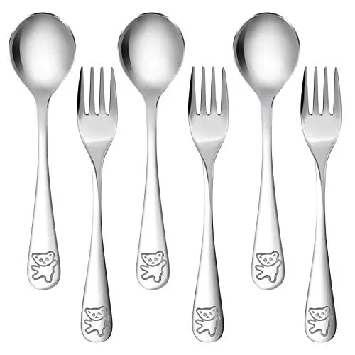 PandaEar Utensils Kinderbesteck Edelstahl Silber 6er Set abgerundet