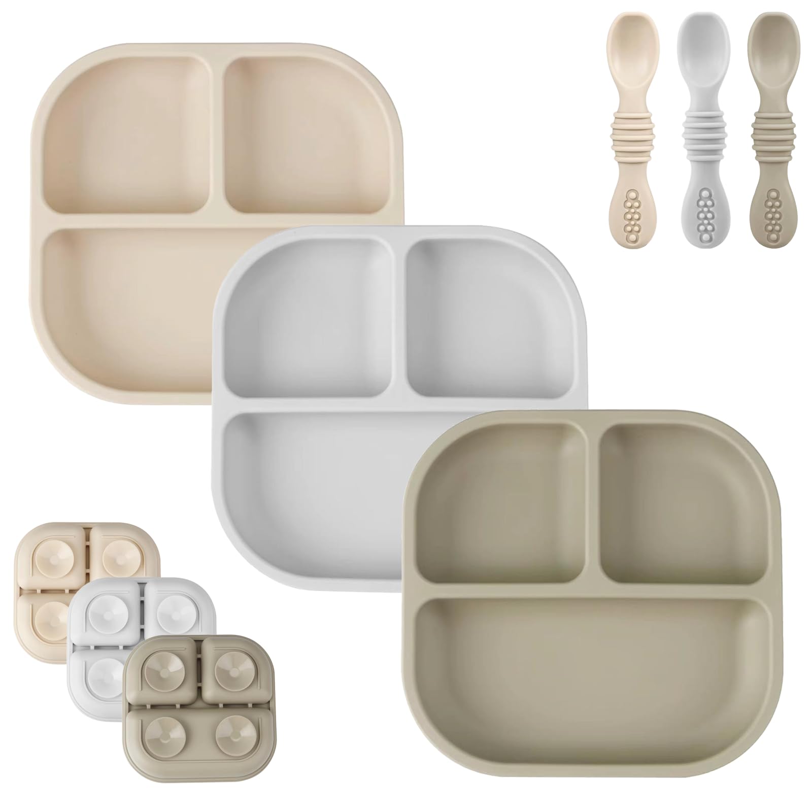 PandaEar Plates Saugteller Baby 3er Silikon mit Löffel Creme