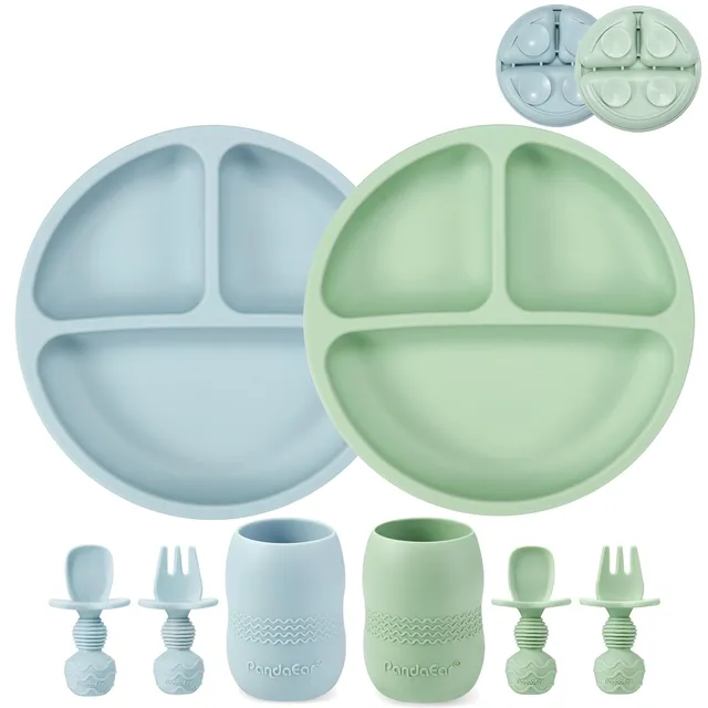 PandaEar Feeding Set Silikon Blau Grün Saugteller Becher Besteck