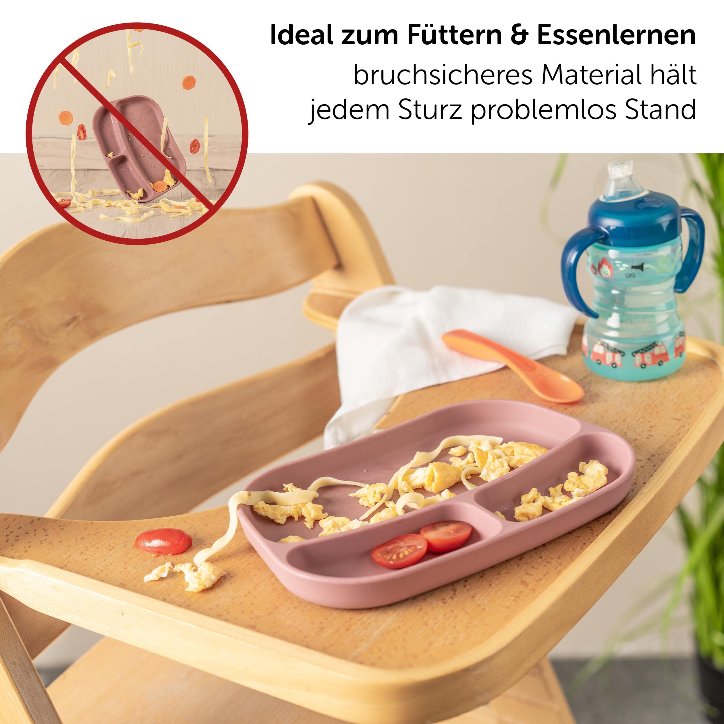 MiaMia Kindergeschirr Teller 3 Fächer Rose Silikon