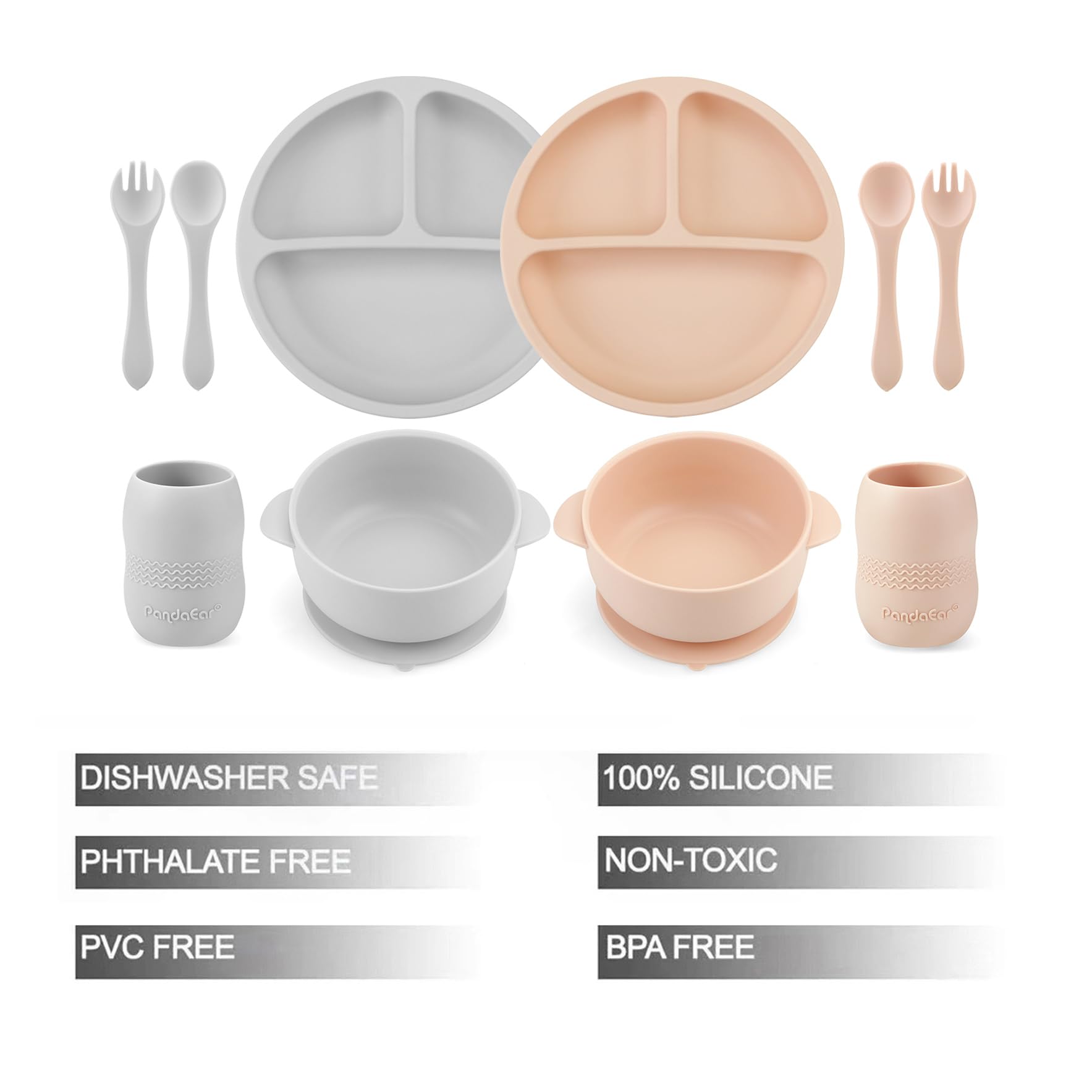 PandaEar Feeding Set Baby 6tlg Silikon Rosa-Grau Saugnapf