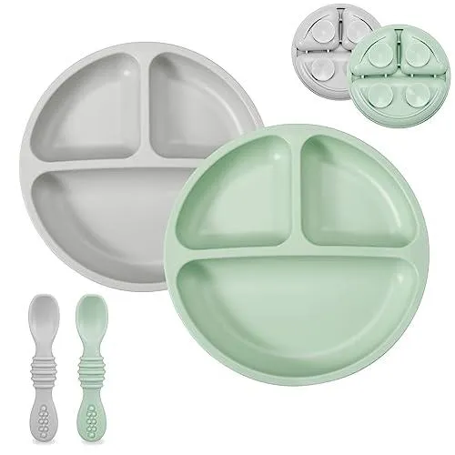 PandaEar Feeding Set Saugteller Löffel 4tlg Grau Grün