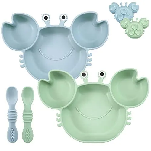 PandaEar Feeding Set Teller Löffel Silikon Blau/Grün Saugnapf