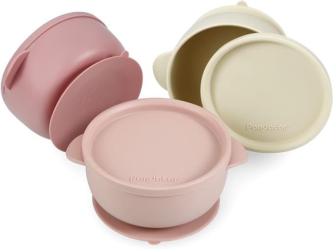 PandaEar Bowl Saugschüssel Deckel 3er Silikon Braun Rosa