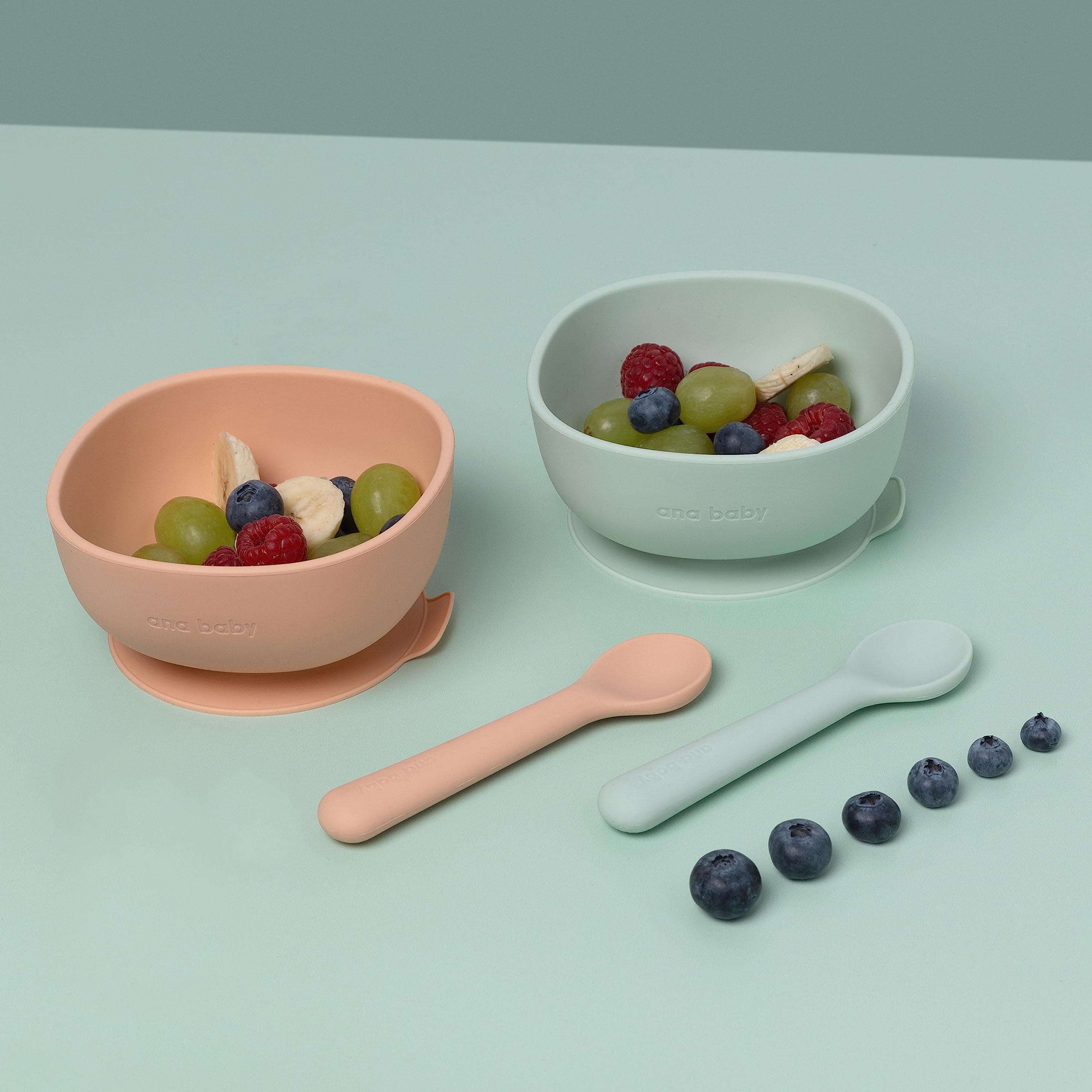 ana baby Weaning Saugnapfschüssel Silikon 2er Löffel Grün Pfirsich