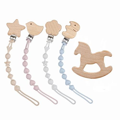 PandaEar Schnullerclip Silikon Holz Clip Schnullerkette 4er sicher