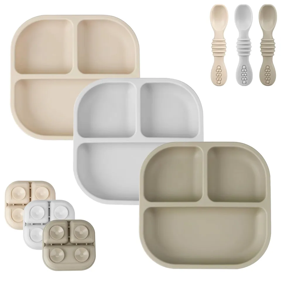 PandaEar Plates Saugteller Baby 3er Silikon mit Löffel Creme