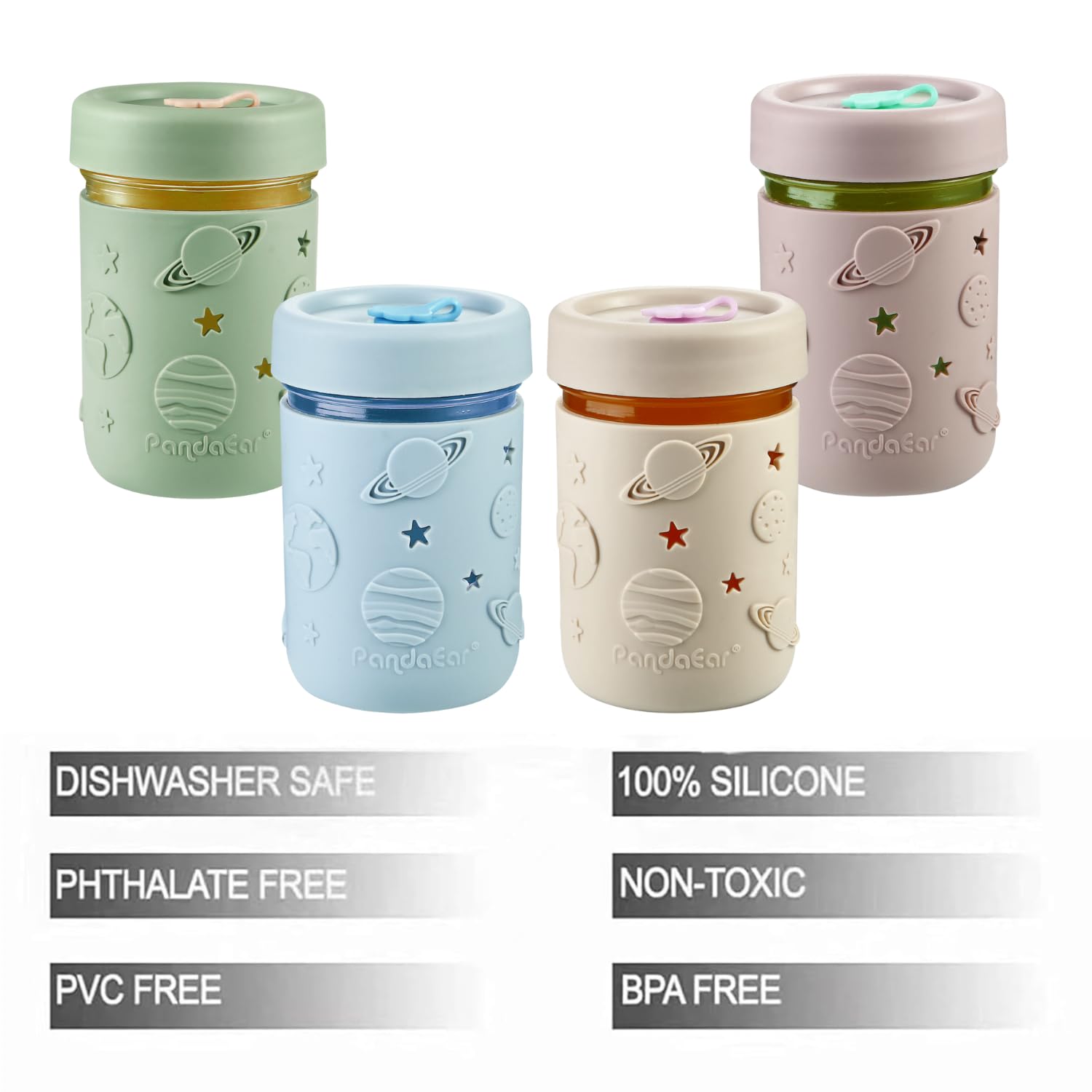 PandaEar Cup Toddle Glas Becher 4er-Pack Bunt mit Strohhalm