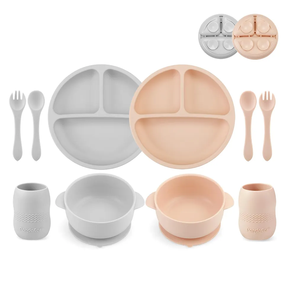 PandaEar Feeding Set Baby 6tlg Silikon Rosa-Grau Saugnapf