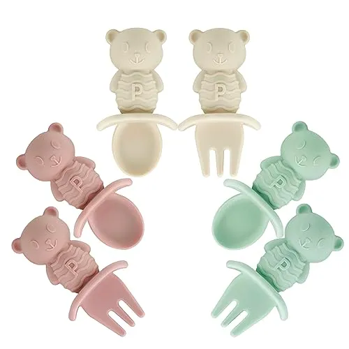 PandaEar Utensils Löffel Gabel Silikon 6er Rosa Grün